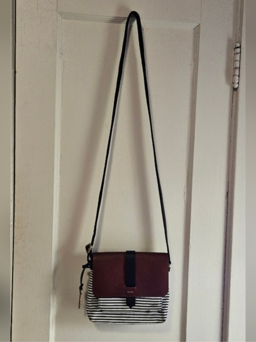Fossil Striped Canvas Crossbody Bag with Brown Leather Flap